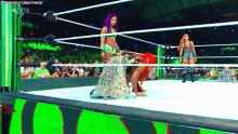a woman in a dress is wrestling another woman in a green and white ring ..