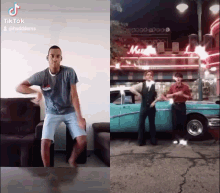 a man is dancing in front of a car and another man is dancing in front of a building .