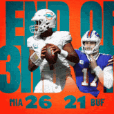 a miami dolphins player and a buffalo bills player holding a football