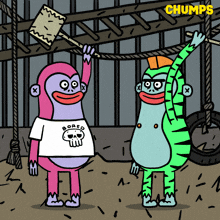 a cartoon of two chimpanzees wearing shirts that say bored and chumps