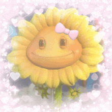 a smiling sunflower with a pink bow on its head
