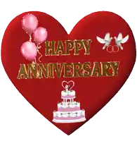 a red heart that says happy anniversary with a cake and balloons