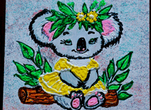 a painting of a koala bear wearing a yellow dress and a flower crown