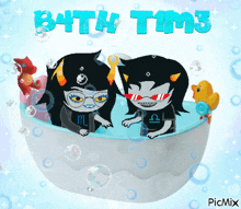 a picture of two trolls in a bathtub with the words bath time below them