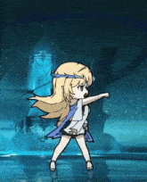 a cartoon girl with long blonde hair is standing in front of a blue background