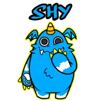 a blue monster with a yellow horn and the word shy above him