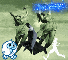 a cartoon drawing of three women dancing with a silhouette of a person running behind them