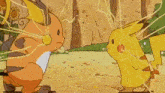 a cartoon of a pikachu and raichu fighting each other with lightning coming out of their mouths .