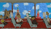 a painting of people sitting on a bus with a statue of a man in the background
