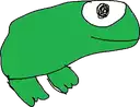 a green frog with a big eye and a smiley face on a white background .