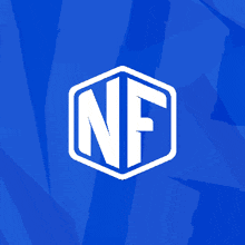 a blue background with a white nf logo in a hexagon