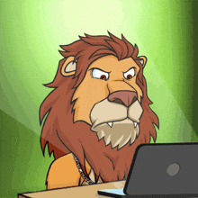 a cartoon lion is sitting at a desk with a laptop