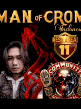 a man with long hair stands in front of a poster that says man of crom