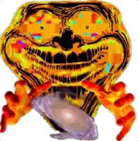 a close up of a cartoon character holding a purple object in its mouth .
