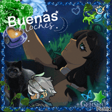 a picture of a girl with a cup of coffee and the words buenas noches on the top