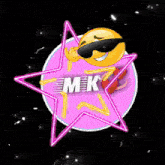 a smiley face wearing sunglasses is surrounded by a pink star and the word mk
