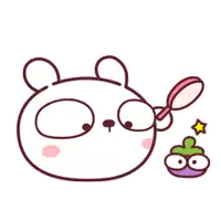 a cartoon drawing of a bear holding a mirror next to a purple object .