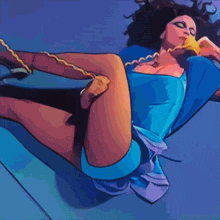 a painting of a woman in a blue dress talking on a phone