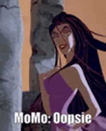 a cartoon of a woman in a purple dress standing next to a pillar .