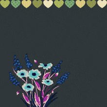 a bouquet of flowers with arabic writing and hearts on a dark background