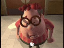 a cartoon character with glasses and the word no on his chest