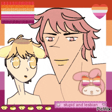 a drawing of a man and a girl with the words stupid and lesbian on it