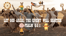 a group of people are dancing with the words let god arise the enemy will scatter