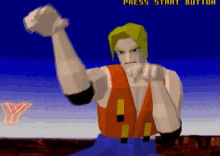 a video game character with a fist in the air and the words press start button visible