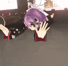 a girl with purple hair is laying on the floor with her hands up