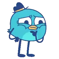 a blue cartoon character with a hat and question marks around its head