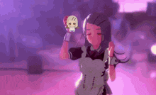 a girl in a maid outfit is holding a skull in her hand