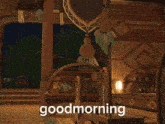 a video game character is laying down with the words good morning written below him