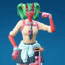 a girl with green hair and horns is wearing a pink shirt and tie