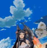 a girl with long black hair is standing on a beach holding a torch