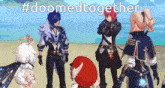 a group of anime characters are standing next to each other on a beach and holding hands .