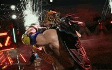 a video game screen shows a man with a leopard head on his back