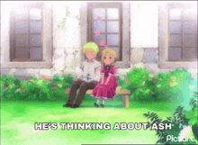 a boy and a girl are sitting on a bench with the words he 's thinking about ash