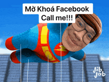 a man in a superhero costume is flying through the air with a sign that says facebook call me
