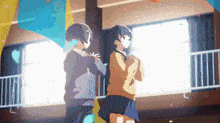 two anime characters are standing next to each other in a room