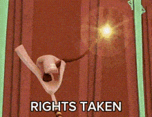 a cartoon character is holding a marshmallow and says " rights taken " on the bottom