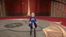 a girl in a blue dress is standing in a room