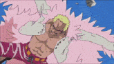 a drawing of a man with a pink and white feathered cape