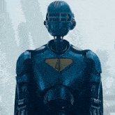 a robot with a cape and a shield with the number four on it