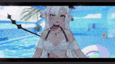 a girl with white hair is standing in front of a pool with a caution sign in the background