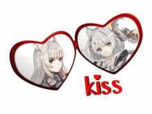 a picture of two anime girls in hearts with the word kiss below them