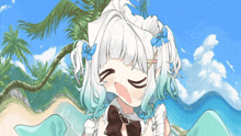 a drawing of a girl with white hair and blue bows on her hair