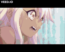 a close up of a anime girl with the word veed.io at the top