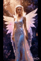 a woman in a blue dress with angel wings is standing in the woods .