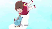 a cartoon girl is riding on the back of a cat and screaming .
