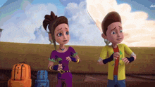 a boy and a girl are standing next to each other in a cartoon scene from jio
